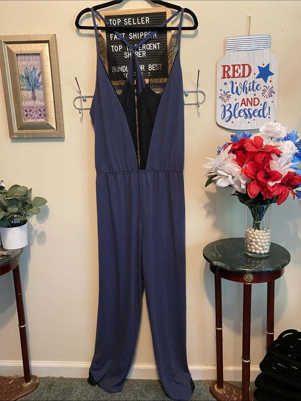 Sleeveless Navy Lounger with Lace Trim & Elastic Waist